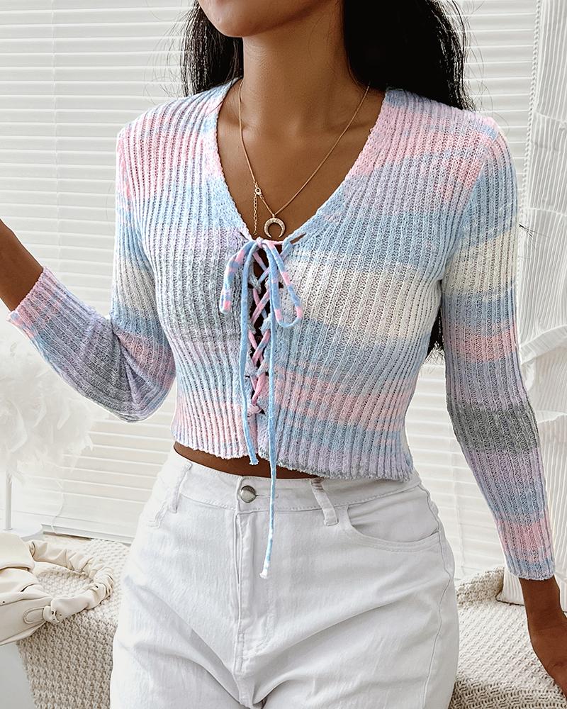 

Ombre Tie Dye Print Lace-up Crop Cardigan, Blue