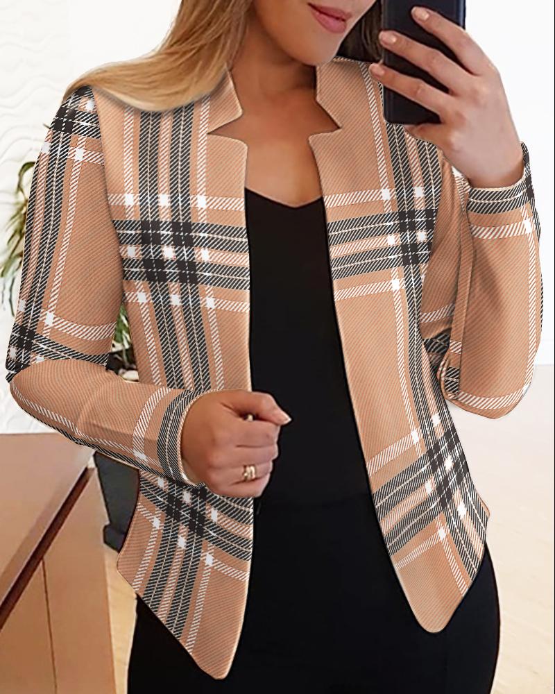 

Plaid Print Cutout Design Long Sleeve Blazer Coat, Brown