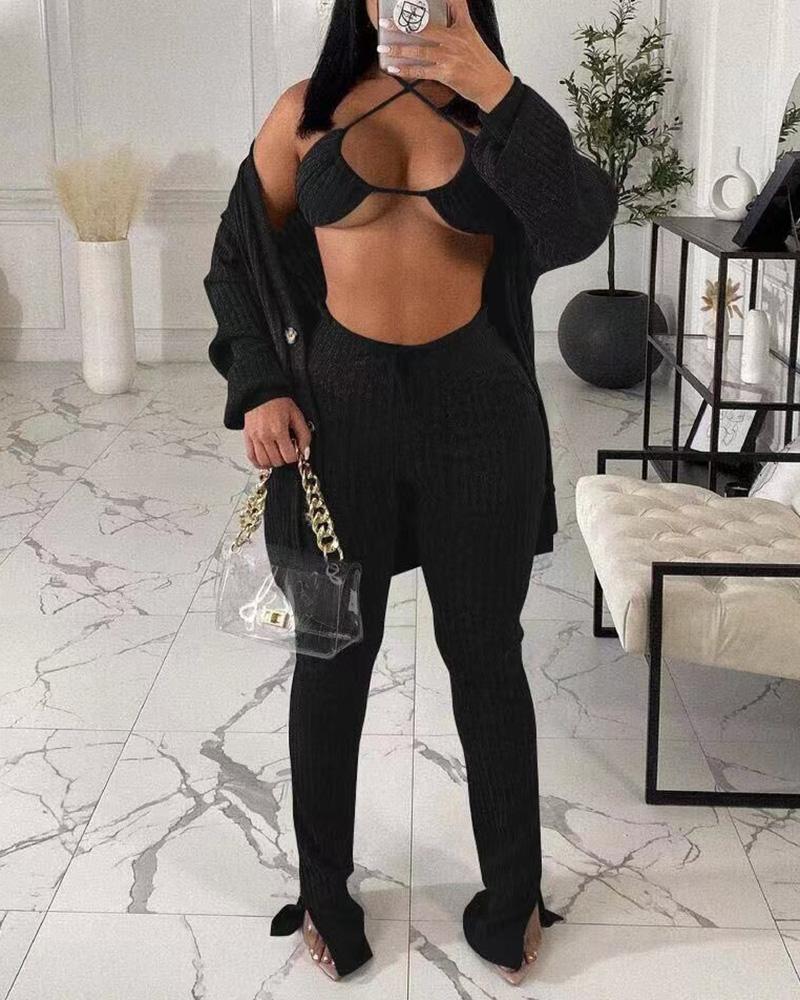 

Lantern Sleeve Buttoned Coat & Slit Pants Set With Bralette, Black