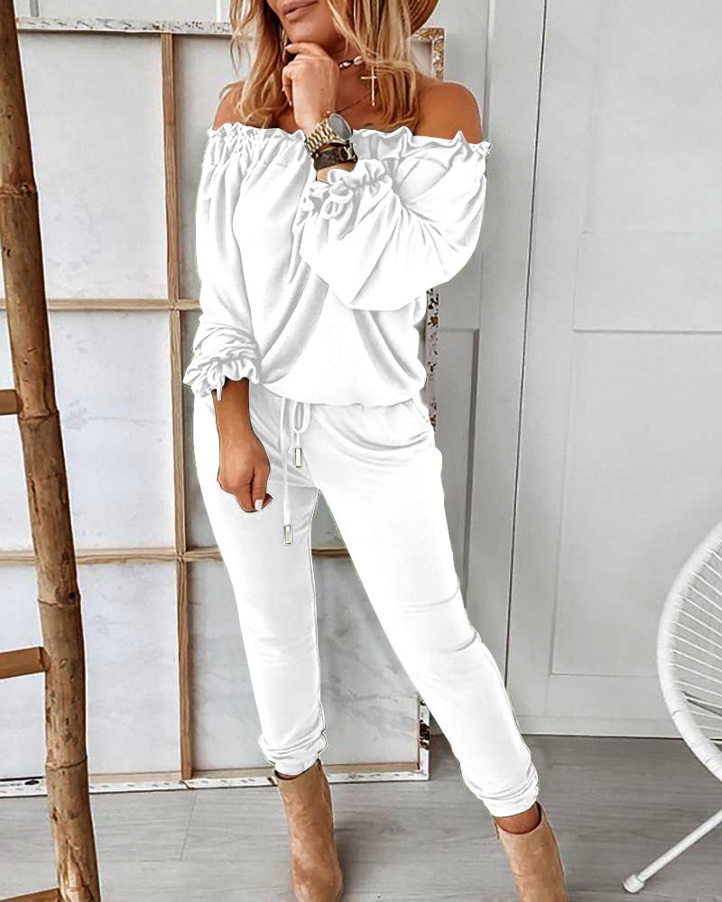 

Off Shoulder Long Sleeve Drawstring Frill Hem Jumpsuit, White