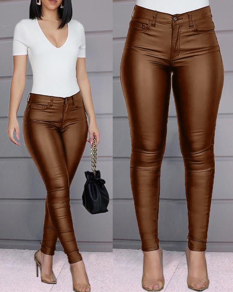 

Solid Buttoned Casual Coated PU Pants, Brown