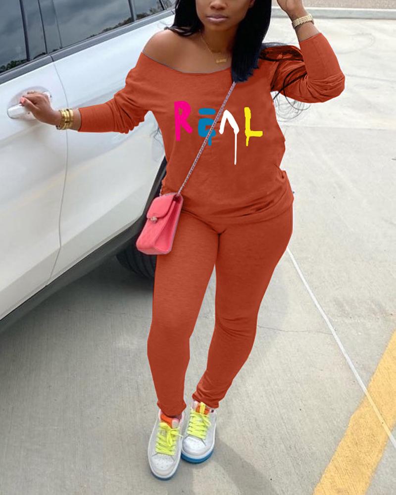 

Letter Print Long Sleeve Top & Pants Set, Orange
