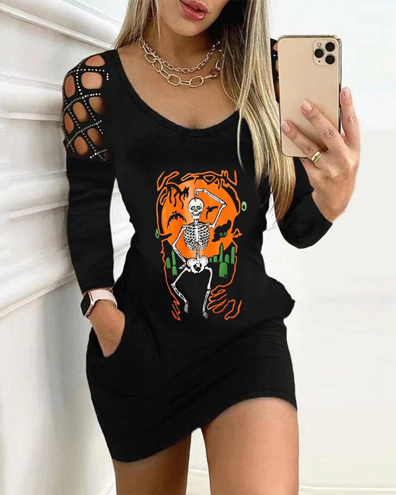 

Halloween Skeleton Print Long Sleeve Dress, Black