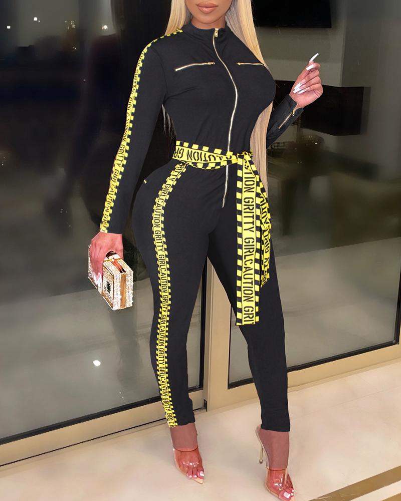 

Letter Print Zipper Design Long Sleeve Jumpsuit, Black