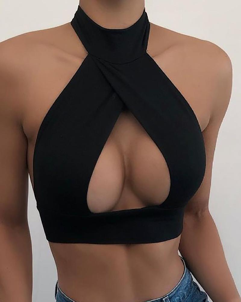 

Sleeveless Halter Cutout Front Skinny Crop Top, Black