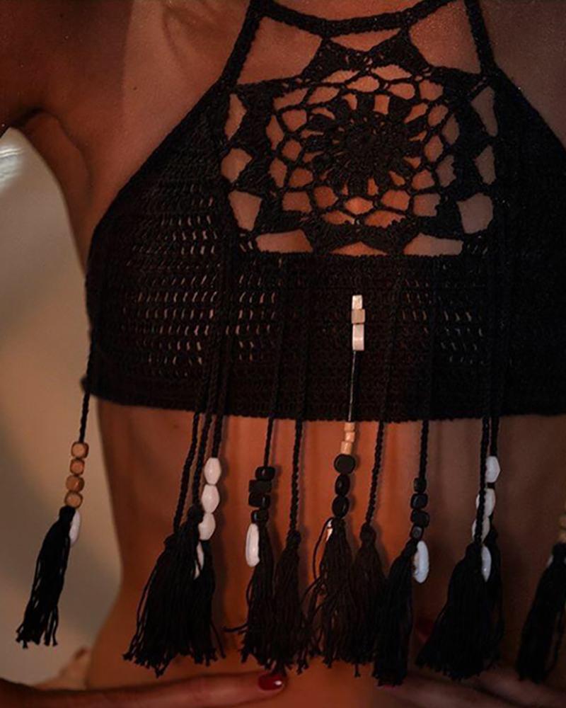 

Hollow Out Tassel Bohemian style Top, Black