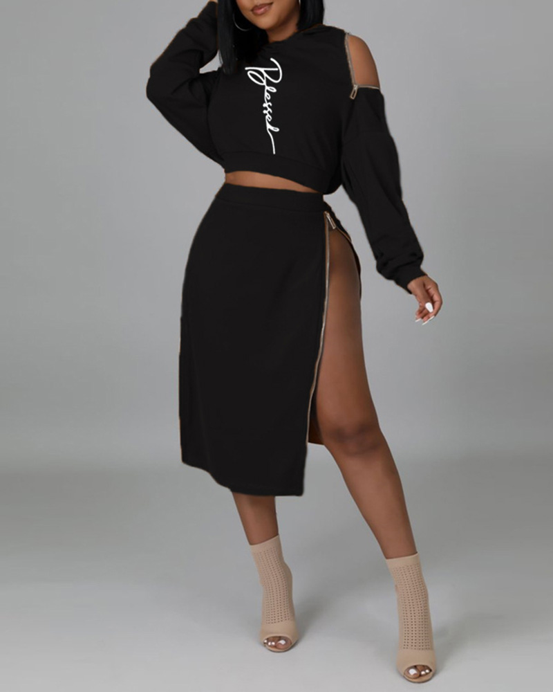 

Letter Pattern Hooded Zipper Design Top & Skirt Set, Black