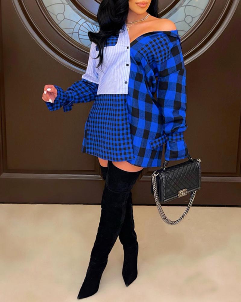 

Plaid Print Colorblock Pocket Design Shirt Dress, Blue