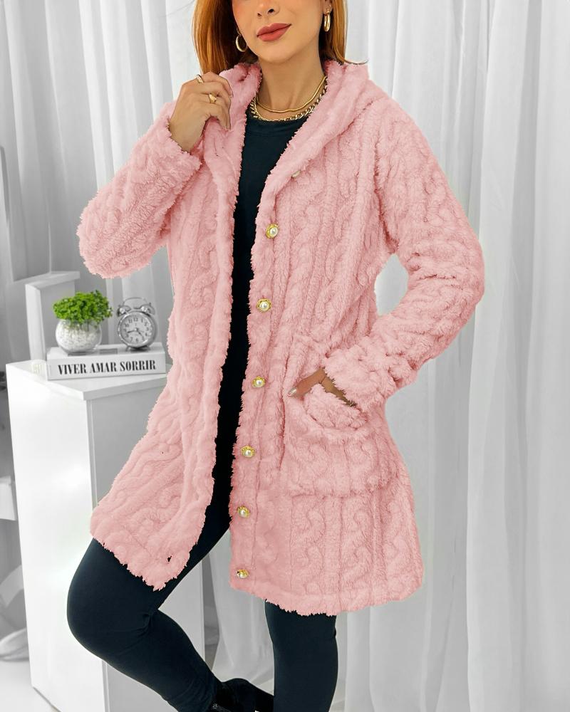 

Cable Textured Button Front Hooded Fuzzy Teddy Coat, Pink