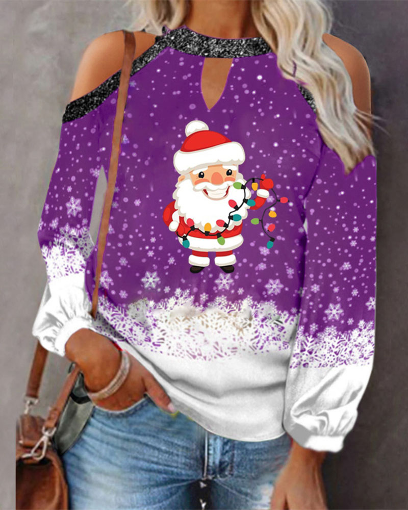 

Christmas Santa Claus Snowflake Print Cold Shoulder Top, Purple
