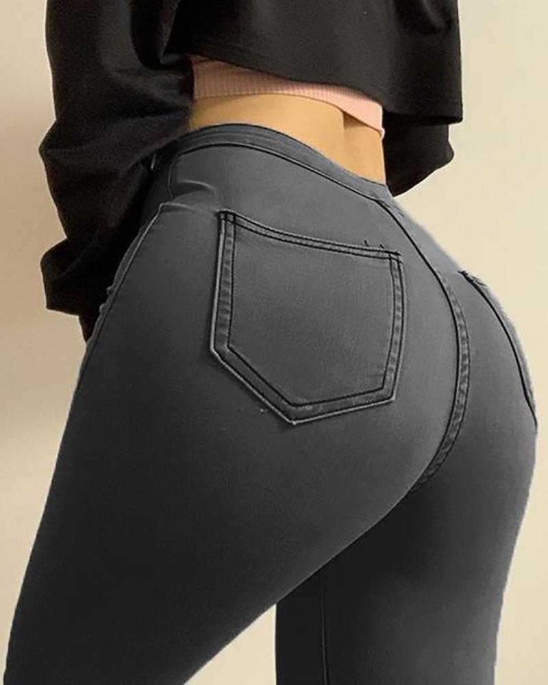 

High Waist Plain Skinny Jeans, Gray