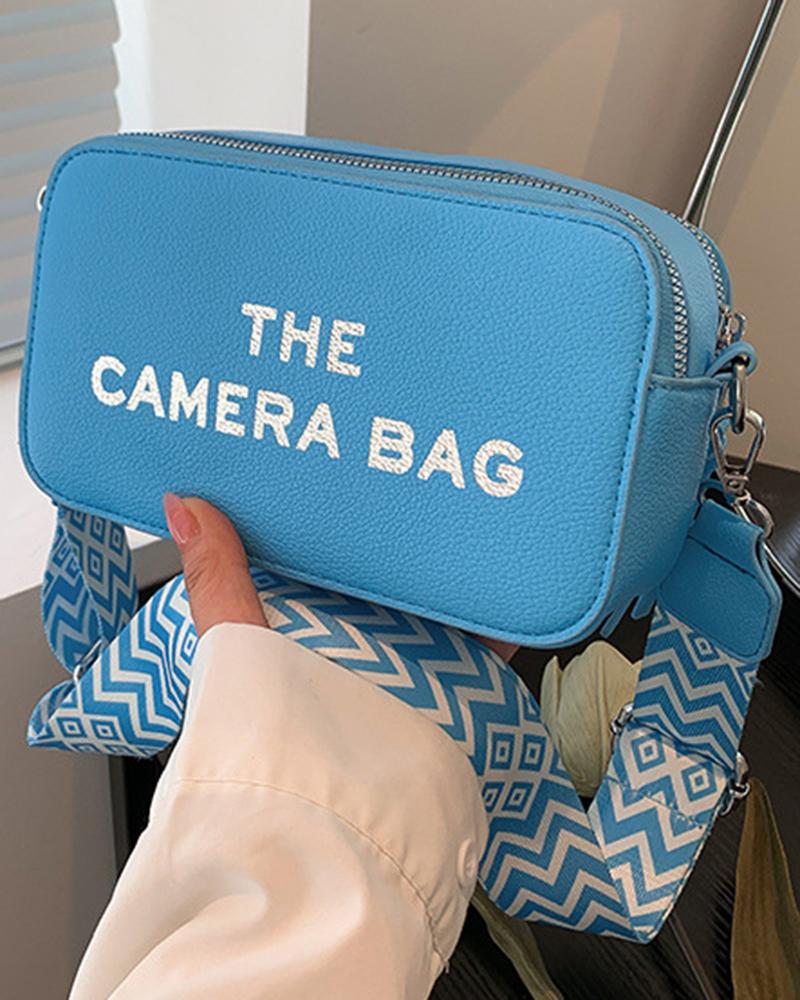 

Letter Print Zipper Crossbody Bag, Blue