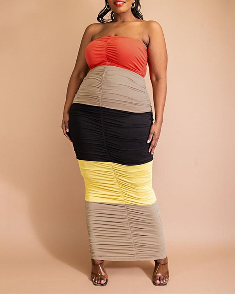 

Plus Size Colorblock Ruched Bodycon Tube Dress, Orange