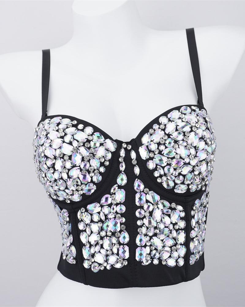 

Gem Stone Decor Buckle Back Crop Corset Top, Silver