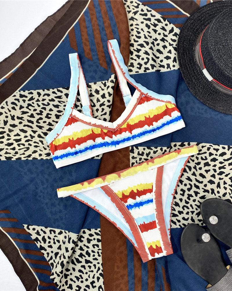 

Striped Print Ribbed Bikini Set, Multicolor