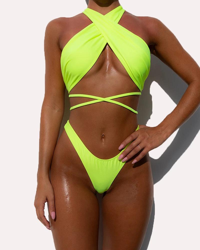 

Solid Laser Shinny Strap Skinny One-piece Swimwear, Green