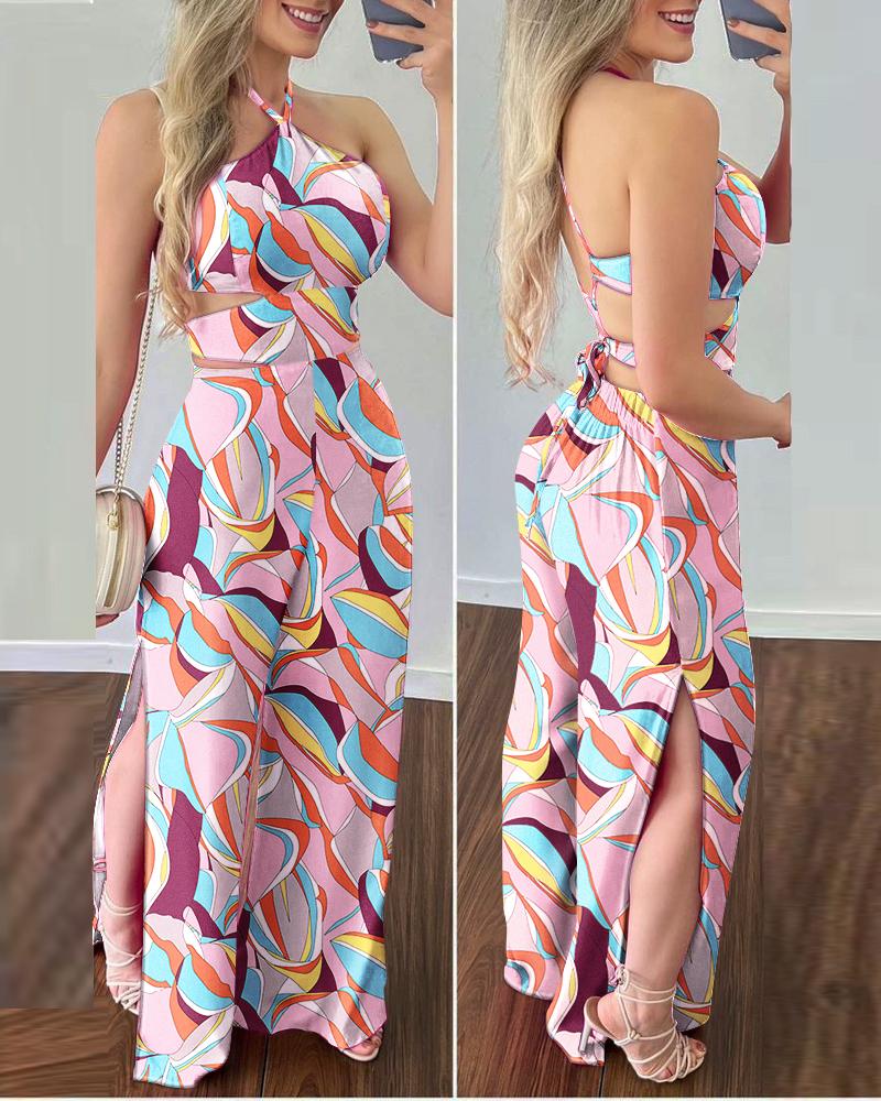 

Allover Print Criss Cross Backless Split Hem Halter Jumpsuit, Pink