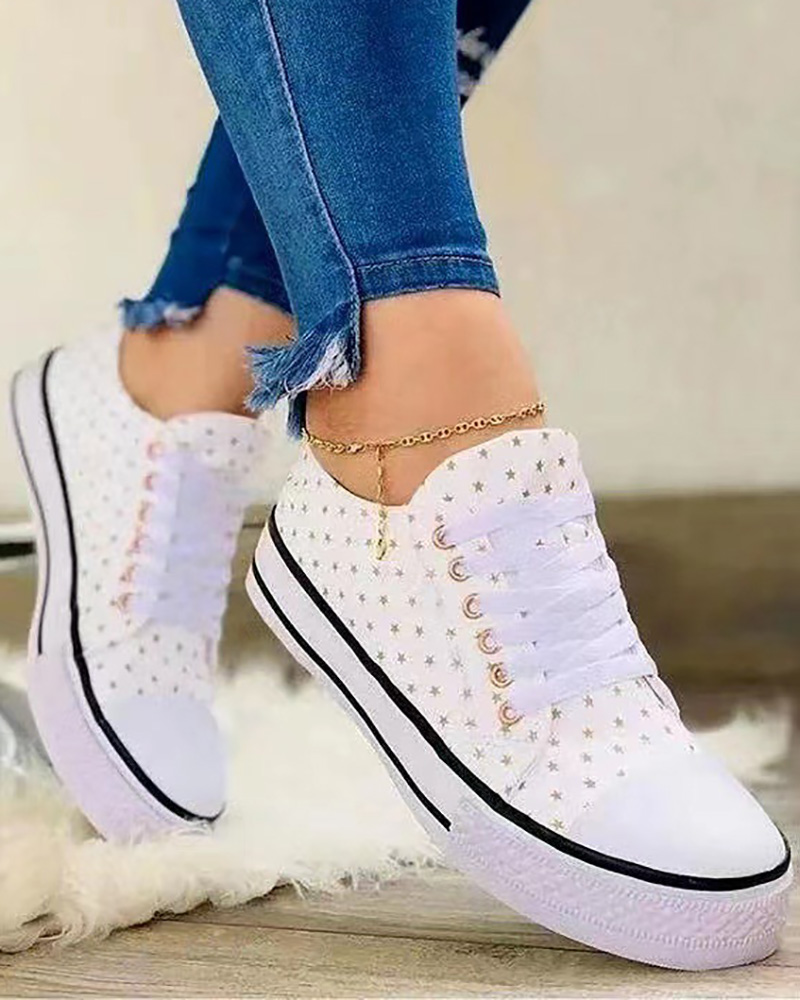 

Star Pattern Eyelet Lace-up Canvas Sneakers, White