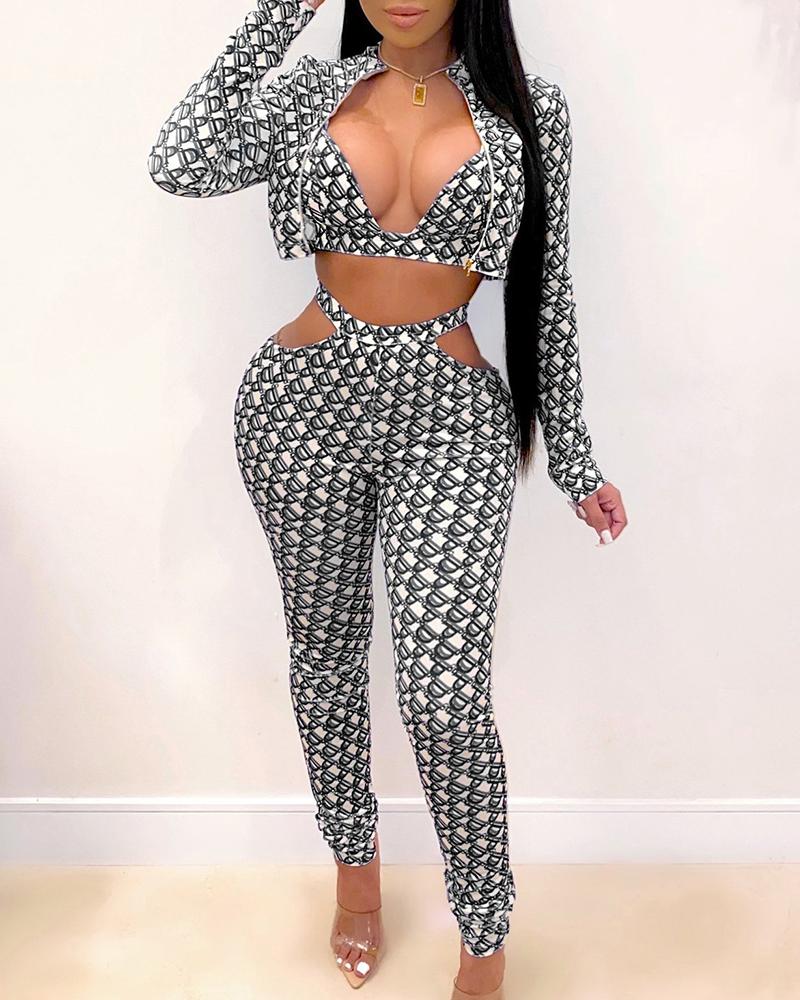 

Letter Print Crop Top & Cutout Waist Pants & Zip Coat Set, Black
