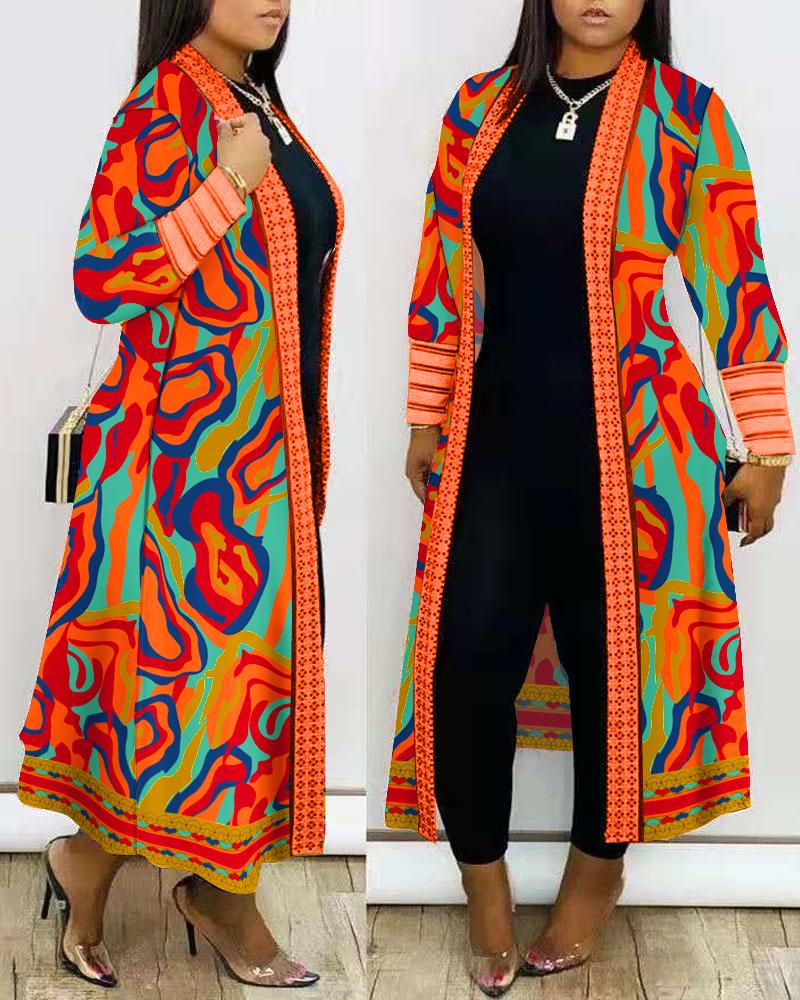 

Plus Size Multi-Color Abstract Print Lace Patch Longline Coat, Orange