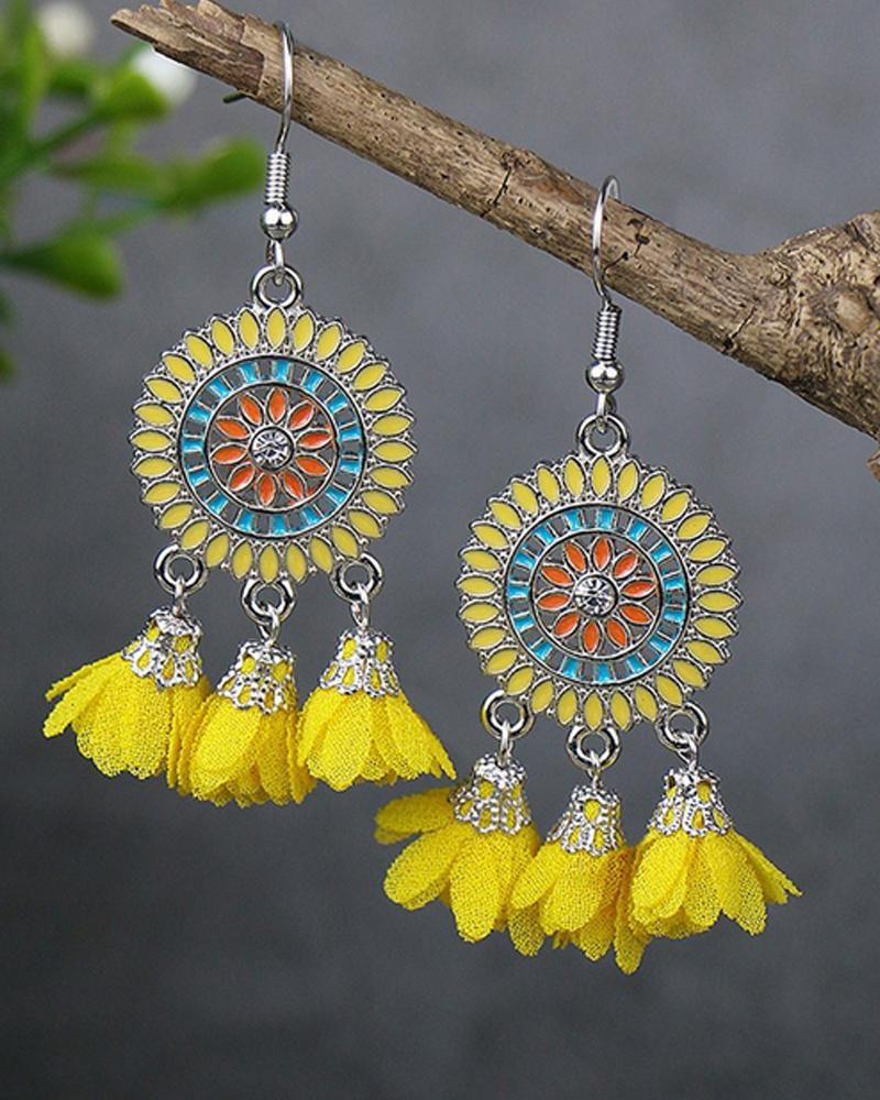 

1Pair Colorblock Floral Pattern Tassel Design Hollow Out Drop Earrings, Yellow