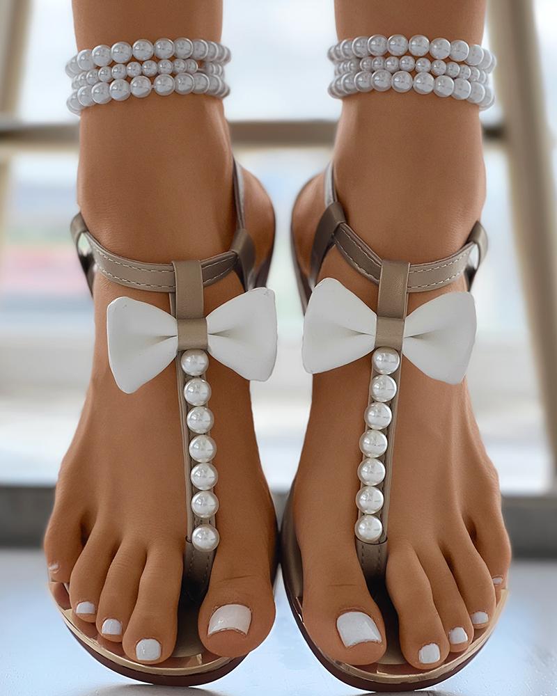

Pearls Bowknot Design Flip Flops, Gold