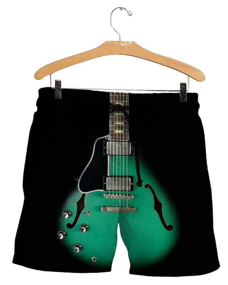 

3D Guitar Print Drawstring Loose Short Pants, Multicolor