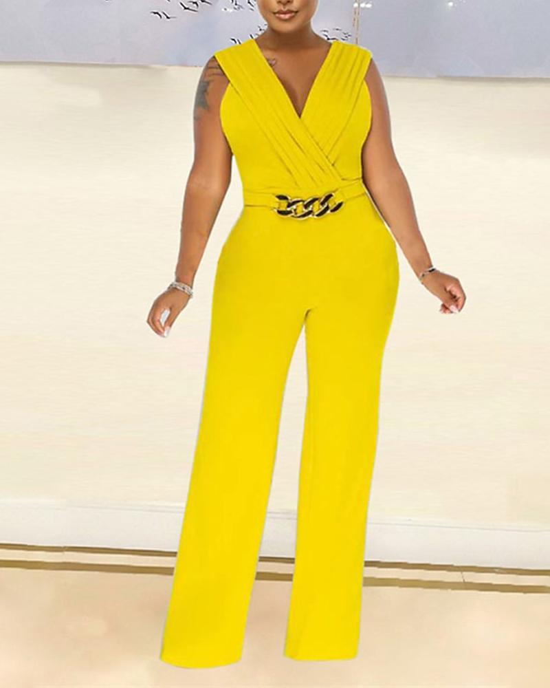

Overlap V-Neck Ruched Straight Leg Jumpsuit, Yellow