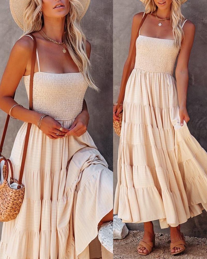 

Shirred Ruffle Hem Spaghetti Strap Maxi Dress, Apricot