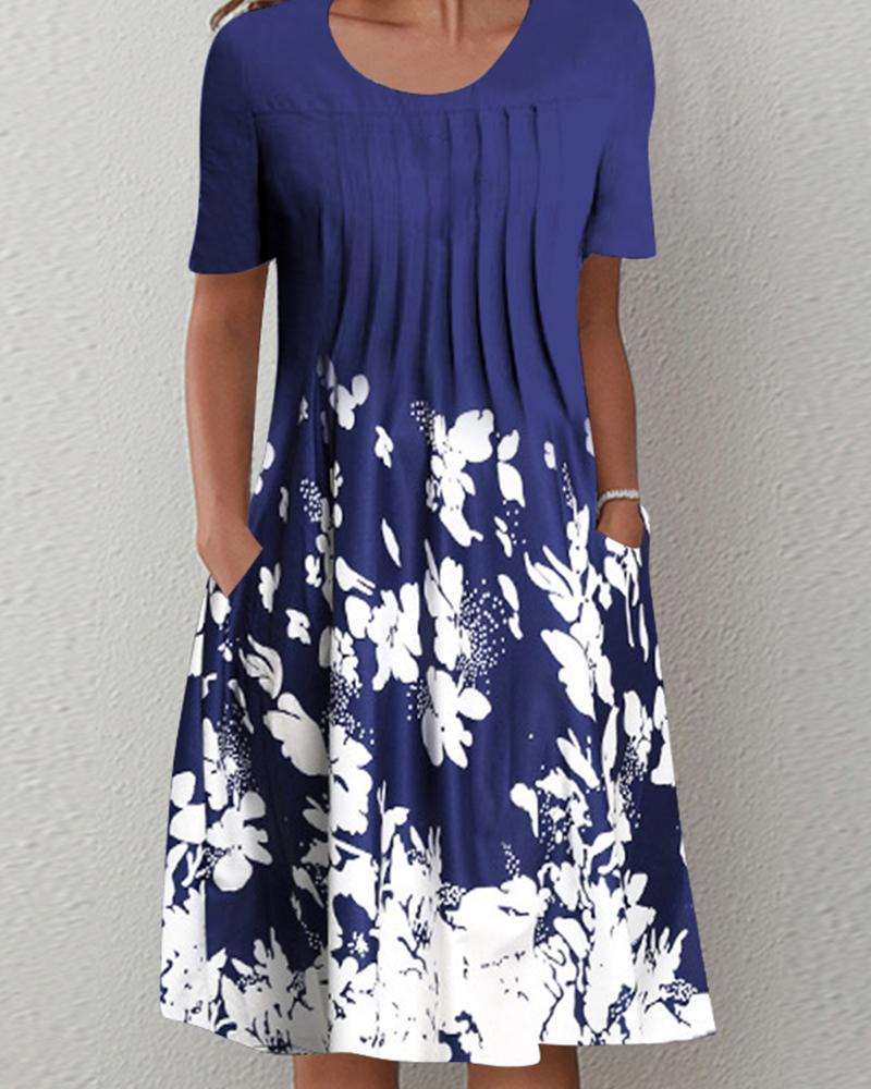 

Floral Print Pleated Design Casual Dress, Blue