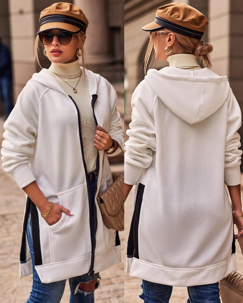

Zip Up Long Sleeve Contrast Binding Hooded Coat, White