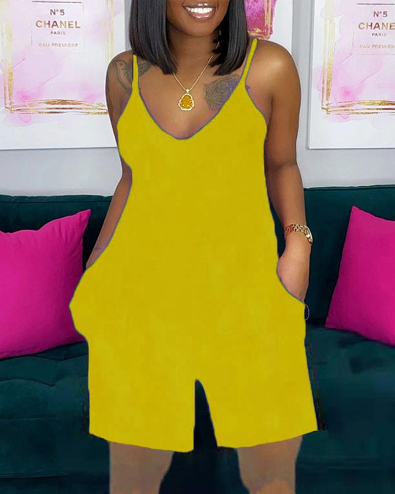 

V-Neck Pocket Detail Spaghetti Strap Romper, Yellow