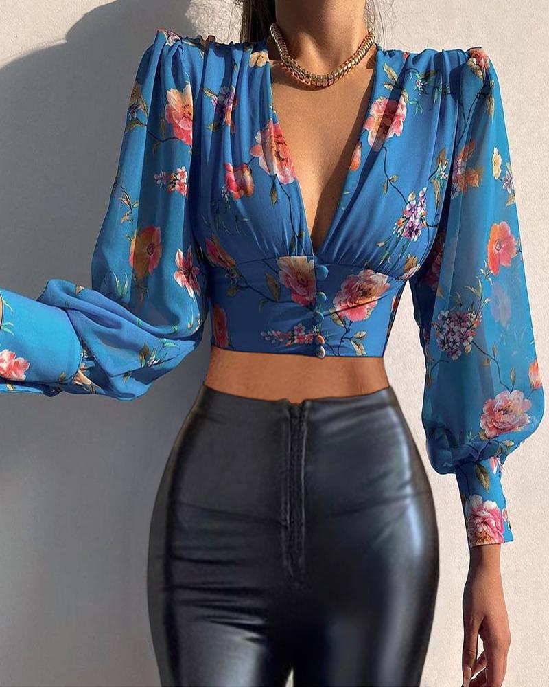 

Puff Lantern Sleeve Floral Print Button Decor Top, Blue
