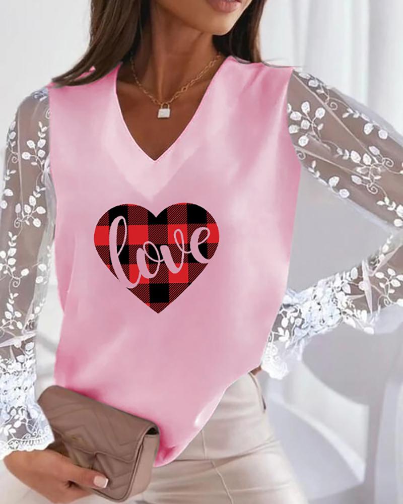 

V-Neck Lace Long Sleeve Letter Heart Print Top, Pink