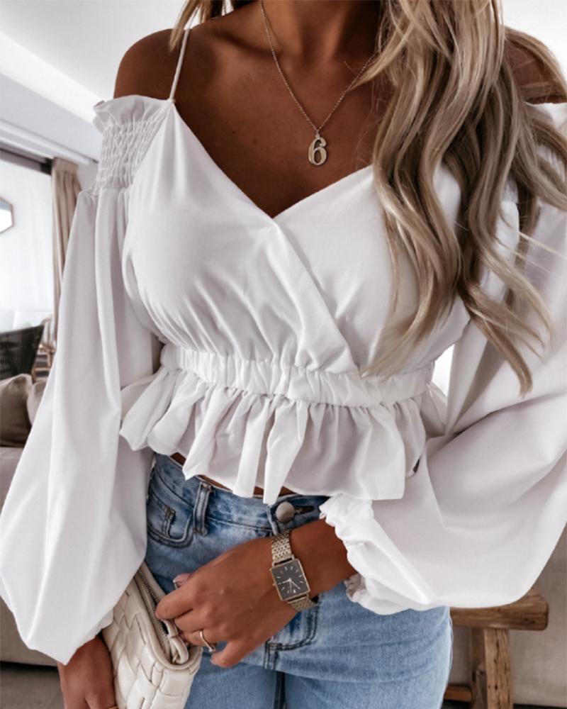 

Frill Hem Cross Strap High Waist Shirt, White