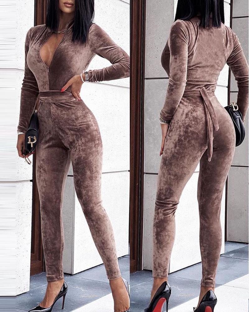 

Velvet Zipper Front Long Sleeve Skinny Jumpsuit, Brown