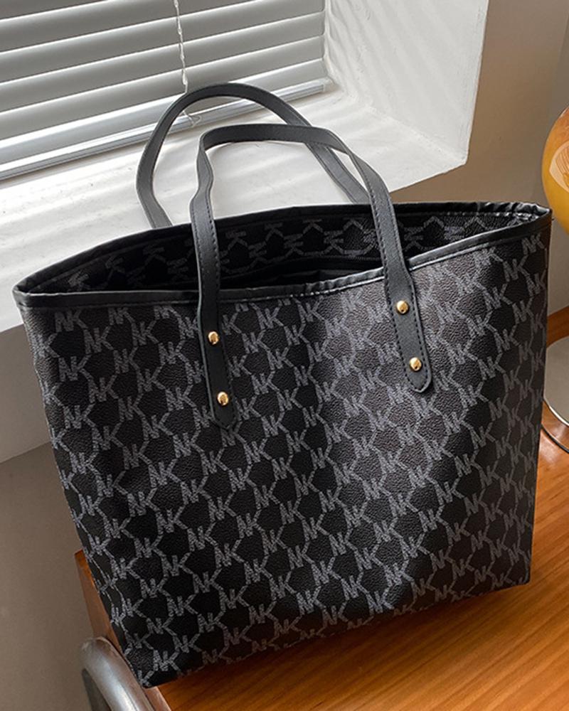 

Letter Print Large Capacity Work Tote Bag, Black