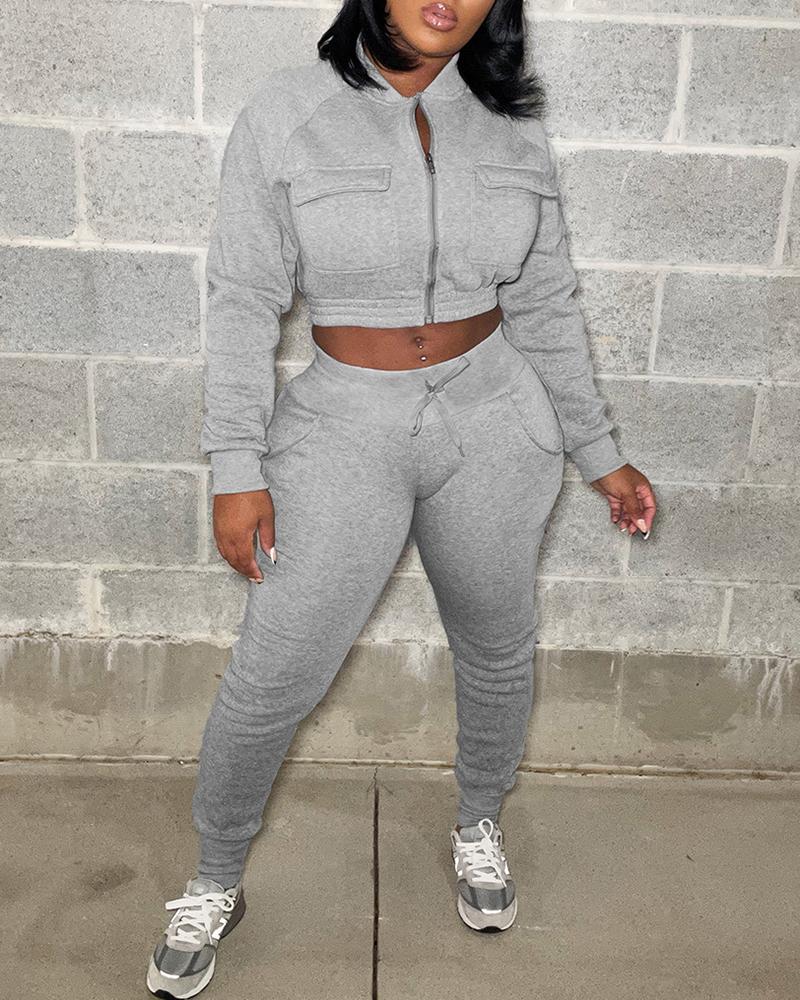 

Zipper Pocket Design Crop Sweatshirt & Pants Set, Gray