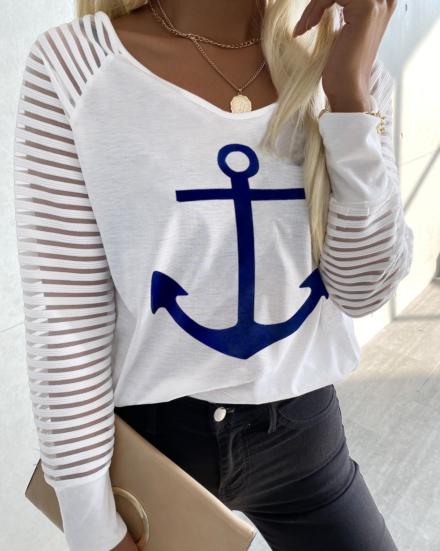 

Anchor Striped Print Casual T-shirt, White