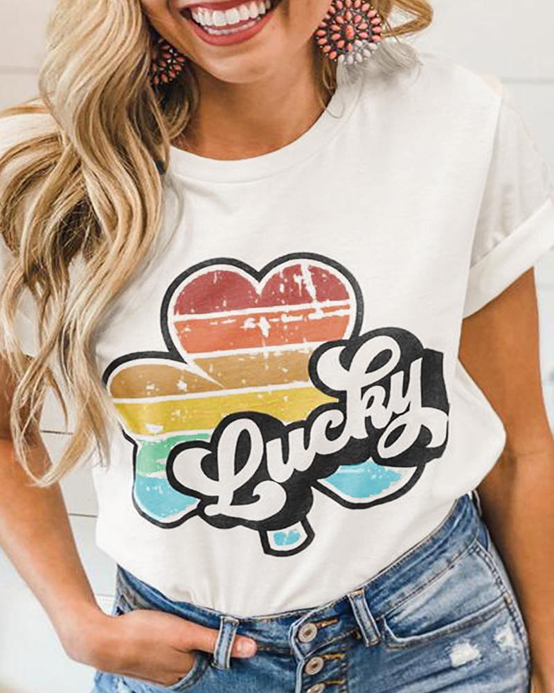 

Letter Clover Print Round Neck Short Sleeve T-Shirt, White