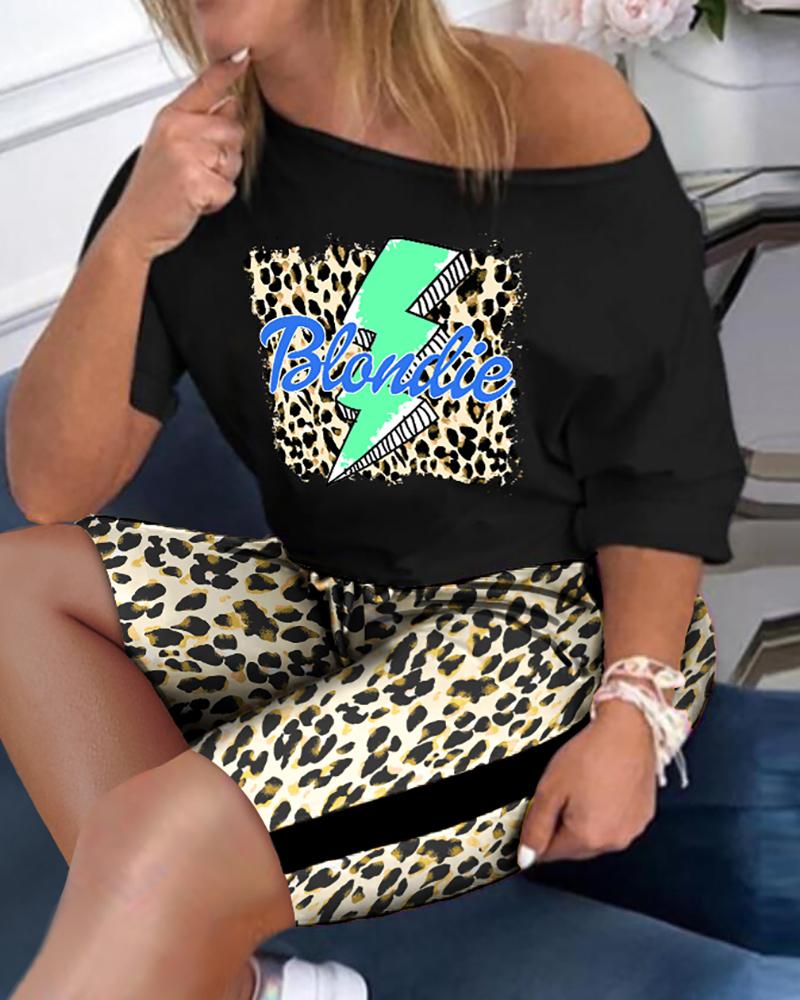

Leopard Graphic Print Top & High Waist Shorts Set, Black