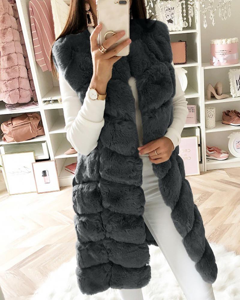 

Sleeveless Open Front Faux Fur Vest Coat, Black