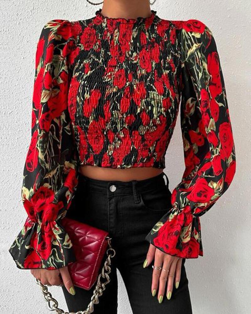 

Floral Print Flounce Sleeve Shirred Crop Top, Red
