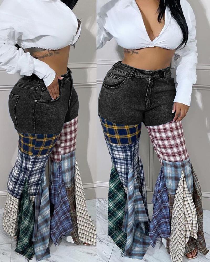 

Contrast Plaid Print Denim Patch Bootcut Ruffles Pants, Black