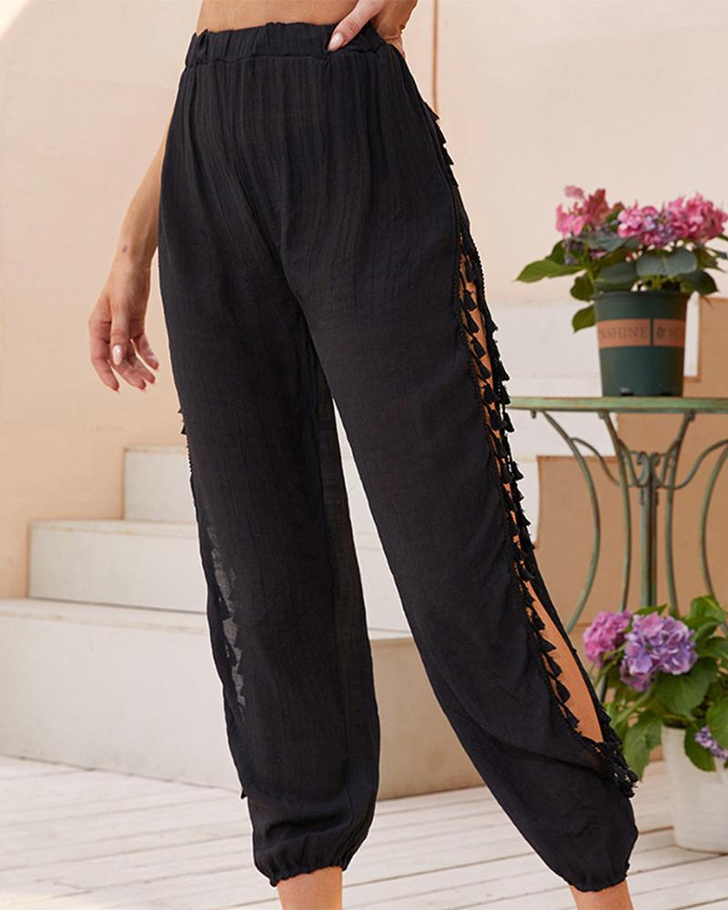 

Tassel Design Slit Cuffed Pants, Black