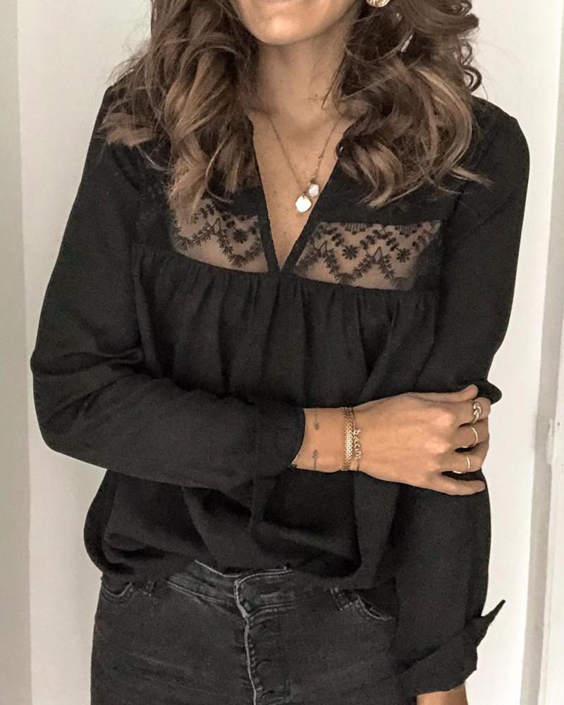 

V Neck Mesh Insert Top, Black