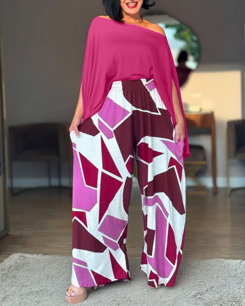 

Ensemble haut à manches chauve-souris et pantalon large à blocs de couleurs, Red