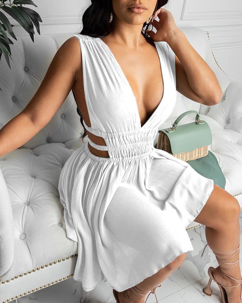 

Plunge Cutout Ruched Shirred Backless Dress, White