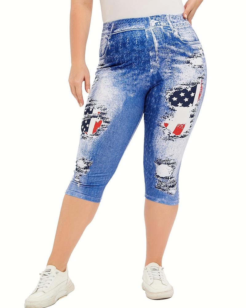 

Plus Size Denim Look Flag Print Capris Pants, Blue