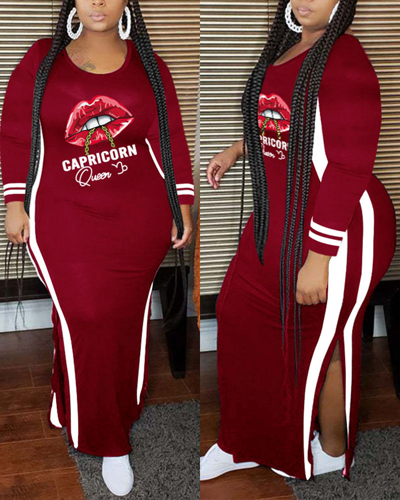 

Plus Size Lip Letter Print Split Hem Long Sleeve Dress, Wine red